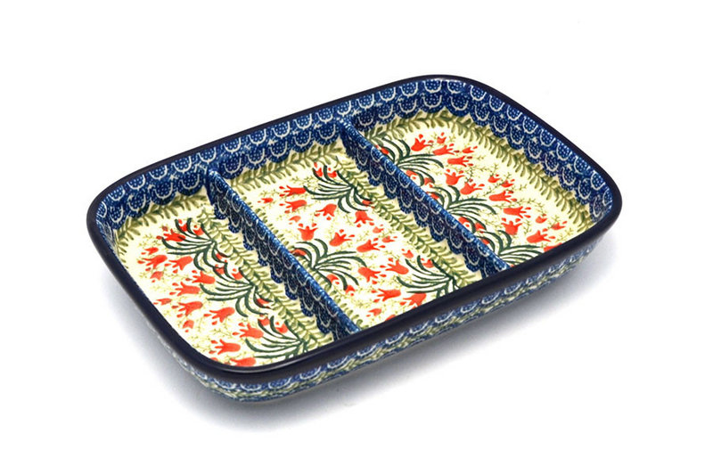 1 1/2"H x 6 1/2"W x 9 1/4"L
 Polish Pottery Dish - Divided Rectangular - Crimson Bells 393-1437a (1 1/2"H x 6 1/2"W x 9 1/4"L
)