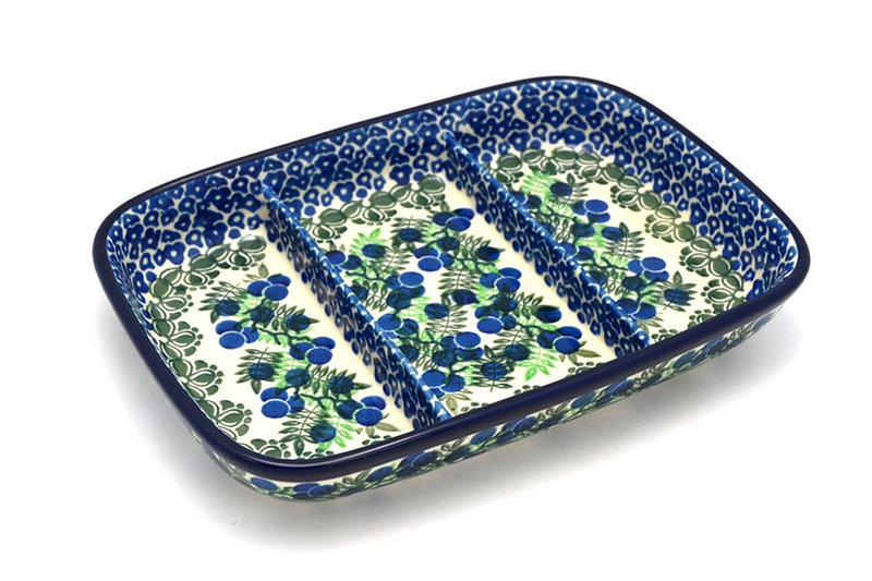 1 1/2"H x 6 1/2"W x 9 1/4"L
 Polish Pottery Dish - Divided Rectangular - Huckleberry 393-1413a (1 1/2"H x 6 1/2"W x 9 1/4"L
)