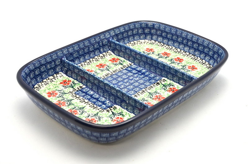 1 1/2"H x 6 1/2"W x 9 1/4"L
 Polish Pottery Dish - Divided Rectangular - Maraschino 393-1916a (1 1/2"H x 6 1/2"W x 9 1/4"L
)
