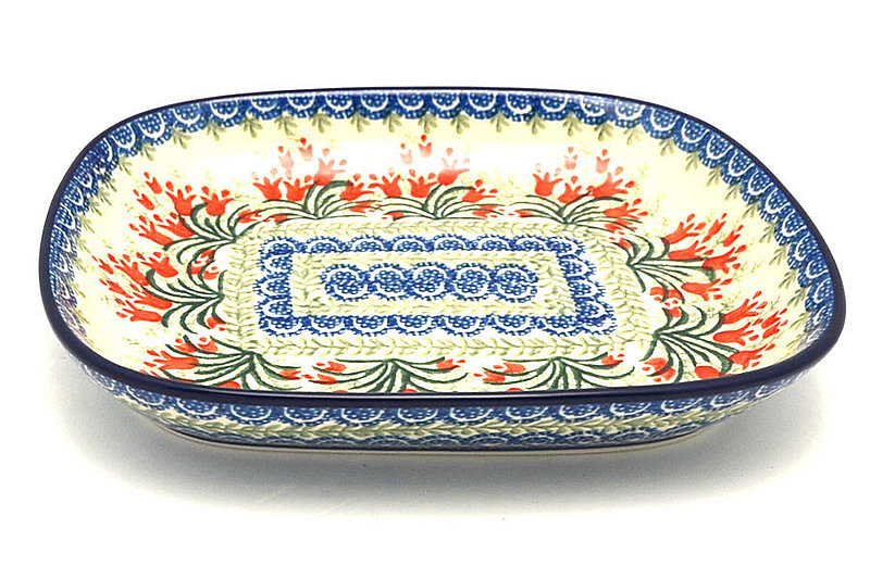 1 1/2"H x 7 3/8"W x 8 7/8"L
 Polish Pottery Baker - Shallow Rectangular - Small - Crimson Bells 159-1437a (1 1/2"H x 7 3/8"W x 8 7/8"L
)