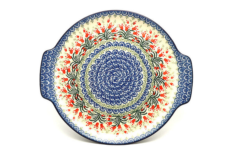 1 1/4"H x 11 1/2"W x 12 3/4"L
 Polish Pottery Round Tray with Handles - Crimson Bells 152-1437a (1 1/4"H x 11 1/2"W x 12 3/4"L
)