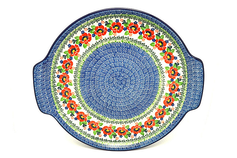 1 1/4"H x 11 1/2"W x 12 3/4"L
 Polish Pottery Round Tray with Handles - Danish Garden 152-3219a (1 1/4"H x 11 1/2"W x 12 3/4"L
)
