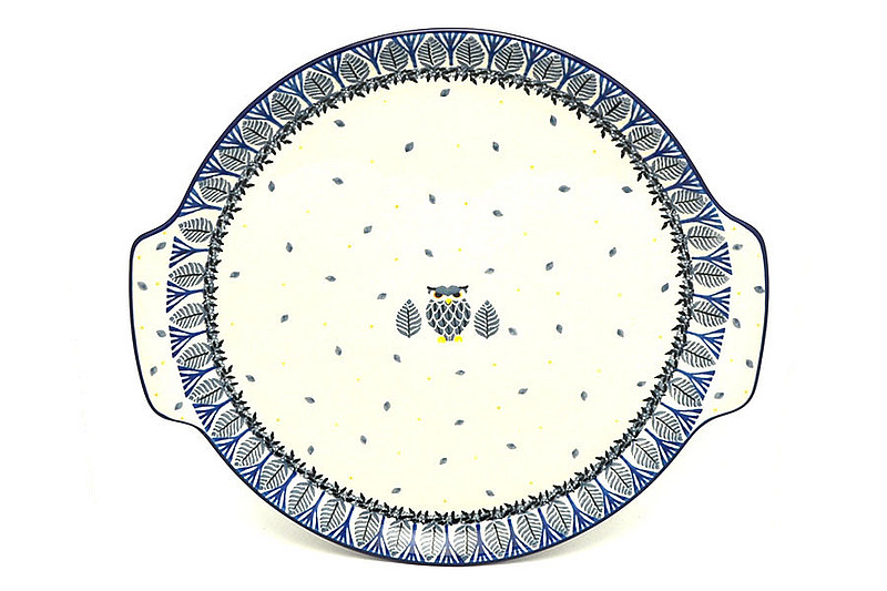 1 1/4"H x 11 1/2"W x 12 3/4"L
 Polish Pottery Round Tray with Handles - Give a Hoot 152-3327a (1 1/4"H x 11 1/2"W x 12 3/4"L
)