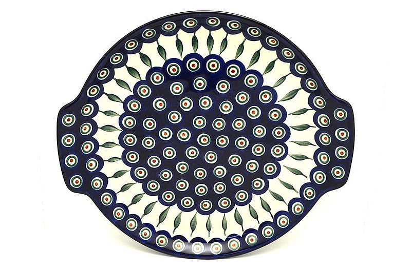 1 1/4"H x 11 1/2"W x 12 3/4"L
 Polish Pottery Round Tray with Handles - Peacock 152-054a (1 1/4"H x 11 1/2"W x 12 3/4"L
)
