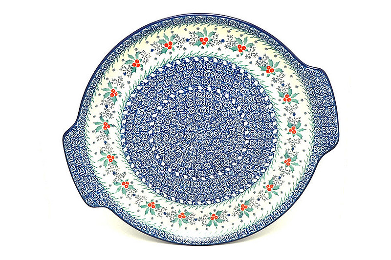1 1/4"H x 11 1/2"W x 12 3/4"L
 Polish Pottery Round Tray with Handles - Winter Holly 152-2973a (1 1/4"H x 11 1/2"W x 12 3/4"L
)