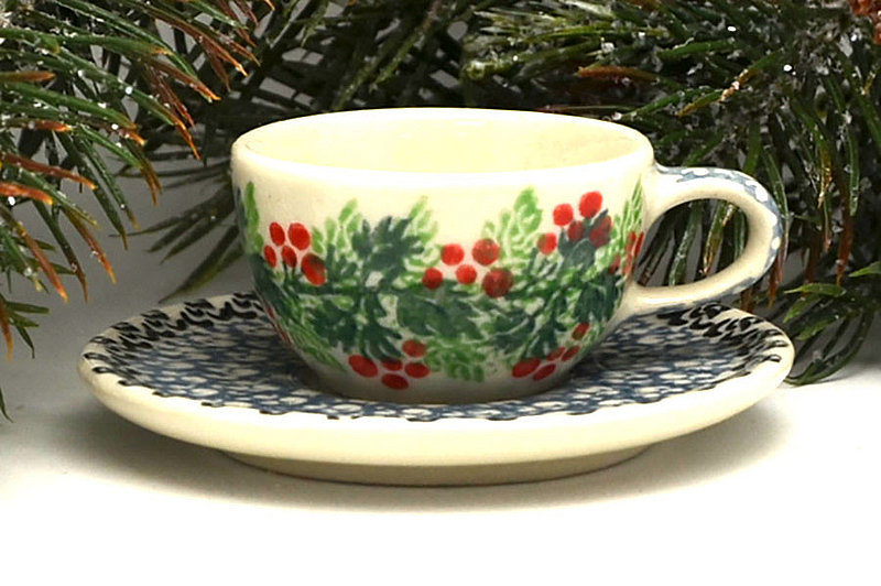 1 1/4"H x 2 7/8"W
 Polish Pottery Ornament - Teacup & Saucer - Holly Berry F89-1734a (1 1/4"H x 2 7/8"W
)