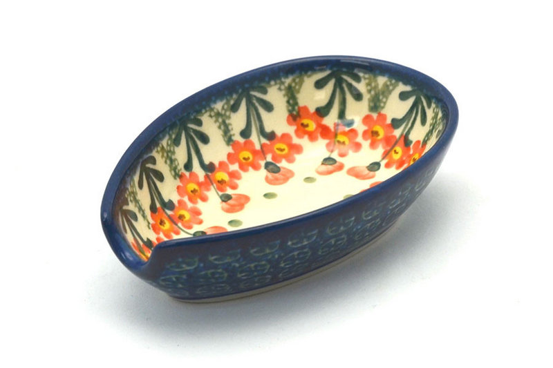 1 1/4"H x 3 1/4"W x 4 7/8"L
 Polish Pottery Spoon Rest - Peach Spring Daisy 381-560a (1 1/4"H x 3 1/4"W x 4 7/8"L
)
