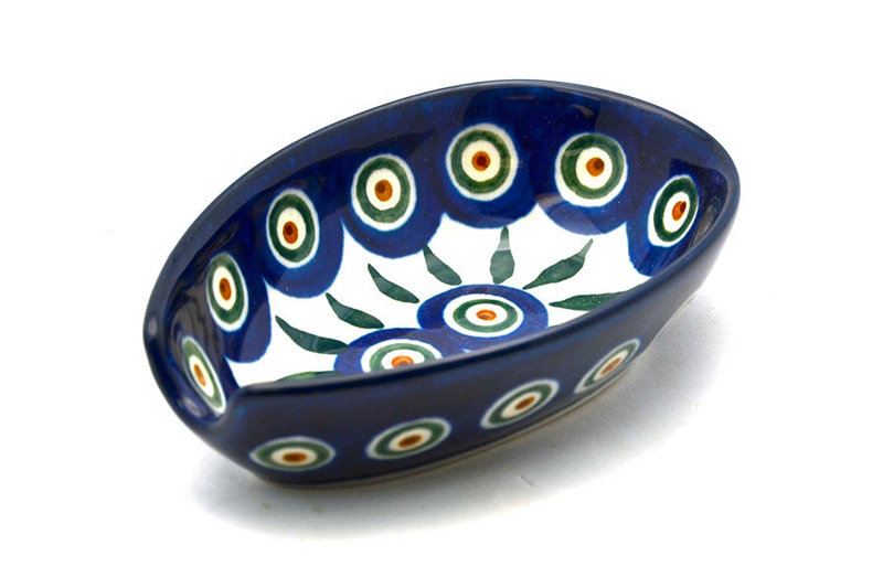 1 1/4"H x 3 1/4"W x 4 7/8"L
 Polish Pottery Spoon Rest - Peacock 381-054a (1 1/4"H x 3 1/4"W x 4 7/8"L
)