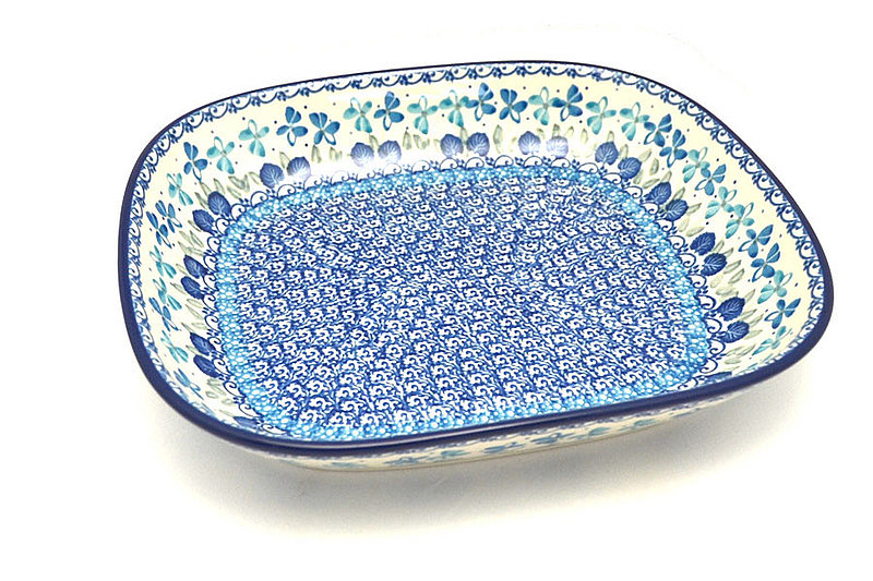1 1/4"H x 8 3/4"W x 10 1/4"L
 Polish Pottery Baker - Shallow Rectangular - Medium - Blue Orchids 158-2751a (1 1/4"H x 8 3/4"W x 10 1/4"L
)