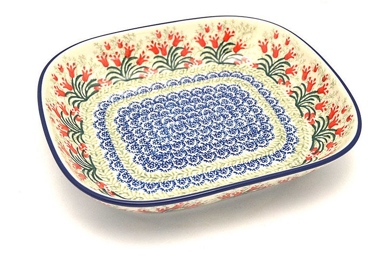 1 1/4"H x 8 3/4"W x 10 1/4"L
 Polish Pottery Baker - Shallow Rectangular - Medium - Crimson Bells 158-1437a (1 1/4"H x 8 3/4"W x 10 1/4"L
)
