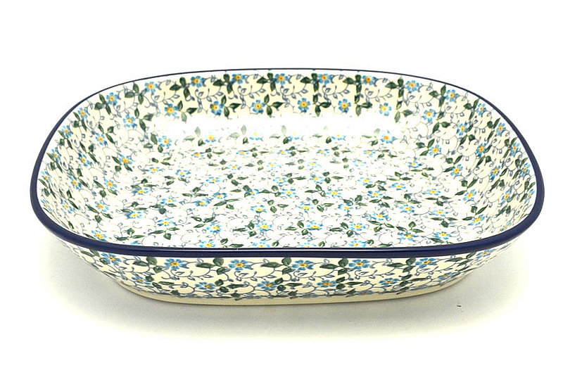 1 1/4"H x 8 3/4"W x 10 1/4"L
 Polish Pottery Baker - Shallow Rectangular - Medium - Forget-Me-Knot 158-2089a (1 1/4"H x 8 3/4"W x 10 1/4"L
)