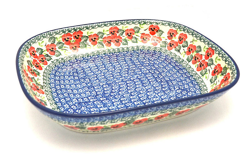 1 1/4"H x 8 3/4"W x 10 1/4"L
 Polish Pottery Baker - Shallow Rectangular - Medium - Red Pansy 158-2538a (1 1/4"H x 8 3/4"W x 10 1/4"L
)