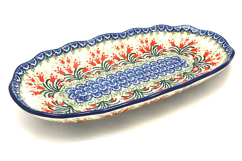 1 3/4"H x 6 1/4"W x 12 3/8"L
 Polish Pottery Scalloped Oval Tray - Crimson Bells A42-1437a (1 3/4"H x 6 1/4"W x 12 3/8"L
)