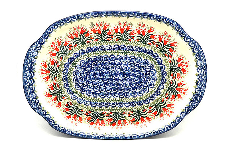 1 3/8"H x 10 3/4"W x 15 1/2"L
 Polish Pottery Platter - Oval - Crimson Bells 684-1437a (1 3/8"H x 10 3/4"W x 15 1/2"L
)