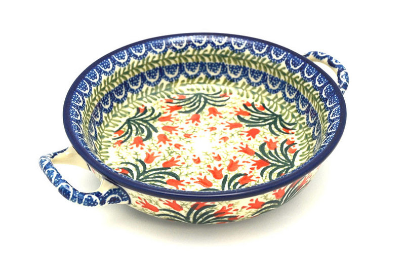 1 5/8"H x 6 3/4"W x 8 1/2"L (at handles)
 Polish Pottery Baker - Round with Handles - Single Serve - Crimson Bells C40-1437a (1 5/8"H x 6 3/4"W x 8 1/2"L (at handles)
)