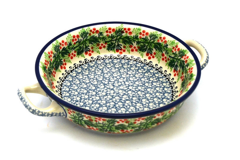 1 5/8"H x 6 3/4"W x 8 1/2"L (at handles)
 Polish Pottery Baker - Round with Handles - Single Serve - Holly Berry C40-1734a (1 5/8"H x 6 3/4"W x 8 1/2"L (at handles)
)