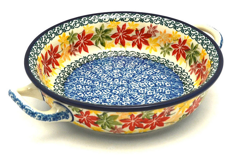 1 5/8"H x 6 3/4"W x 8 1/2"L (at handles)
 Polish Pottery Baker - Round with Handles - Single Serve - Maple Harvest C40-2533a (1 5/8"H x 6 3/4"W x 8 1/2"L (at handles)
)