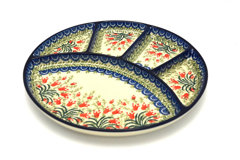 1"H x 10 1/4"W
 Polish Pottery Dish - Divided Appetizer - Crimson Bells 498-1437a (1"H x 10 1/4"W
)