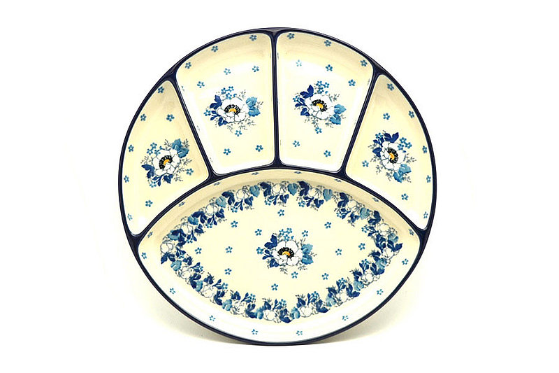 1"H x 10 1/4"W
 Polish Pottery Dish - Divided Appetizer - White Poppy 498-2222a (1"H x 10 1/4"W
)