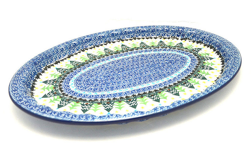 1"H x 10 1/4"W x 14 3/4"L
 Polish Pottery Platter - Oval with Scalloped Inset - Christmas Trees 614-1284a (1"H x 10 1/4"W x 14 3/4"L
)