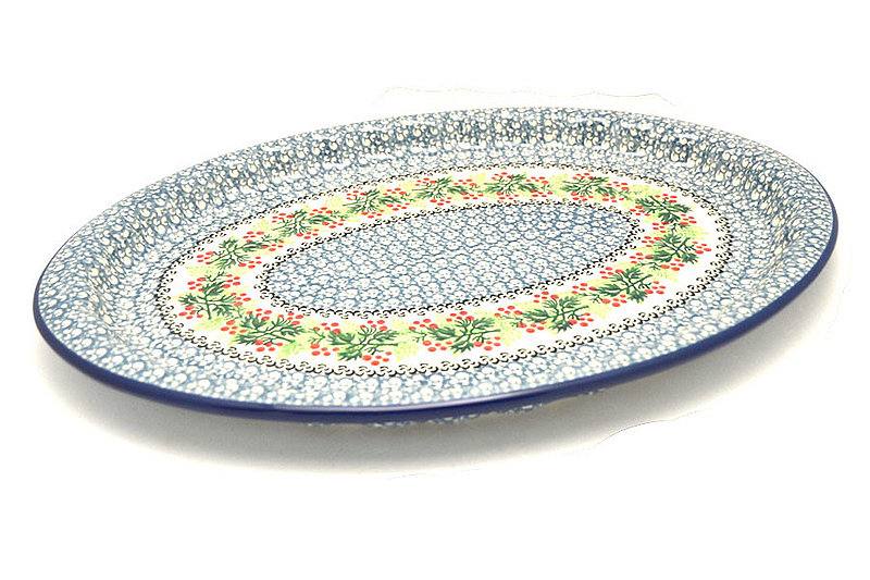 1"H x 10 1/4"W x 14 3/4"L
 Polish Pottery Platter - Oval with Scalloped Inset - Holly Berry 614-1734a (1"H x 10 1/4"W x 14 3/4"L
)