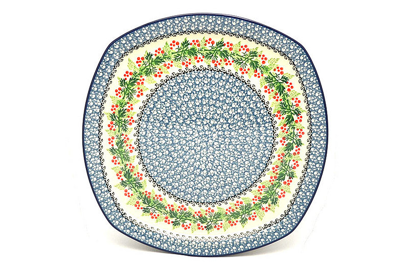 1"H x 11 3/4"W
 Polish Pottery Tray - Rounded Square - Holly Berry F83-1734a (1"H x 11 3/4"W
)