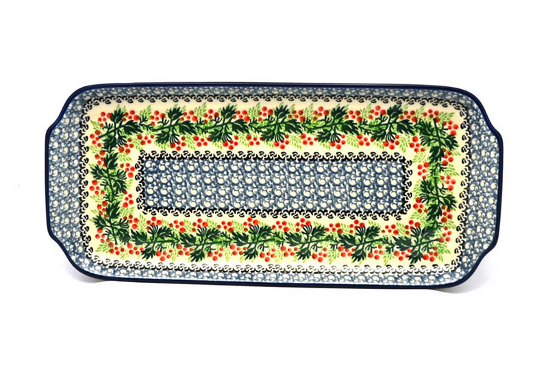 1"H x 5 1/2"W x 12 1/2"L
 Polish Pottery Tray - Appetizer - 12" - Holly Berry 410-1734a (1"H x 5 1/2"W x 12 1/2"L
)