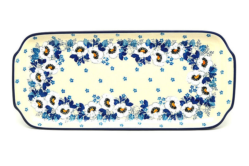 1"H x 5 1/2"W x 12 1/2"L
 Polish Pottery Tray - Appetizer - 12" - White Poppy 410-2222a (1"H x 5 1/2"W x 12 1/2"L
)