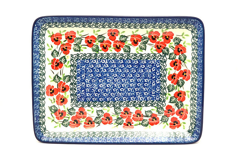 1"H x 7"W x 9 1/2"L
 Polish Pottery Plate - Rectangular - Red Pansy 111-2538a (1"H x 7"W x 9 1/2"L
)