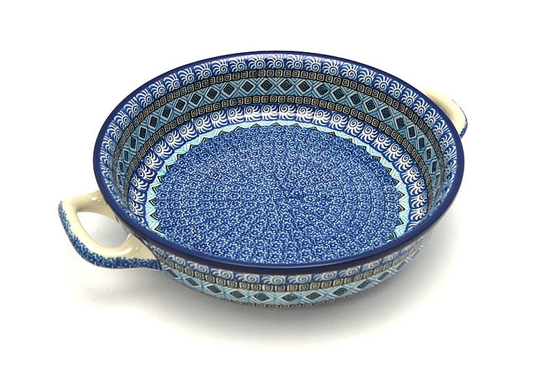 2 1/2"H x 10"W x 12"L (at handles)
 Polish Pottery Baker - Round with Handles - 10" - Aztec Sky 420-1917a (2 1/2"H x 10"W x 12"L (at handles)
)