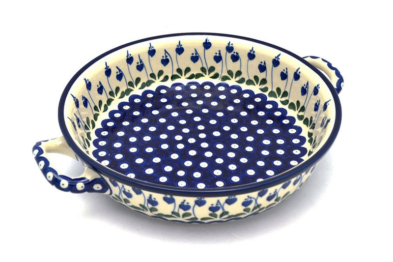 2 1/2"H x 10"W x 12"L (at handles)
 Polish Pottery Baker - Round with Handles - 10" - Bleeding Heart 420-377o (2 1/2"H x 10"W x 12"L (at handles)
)