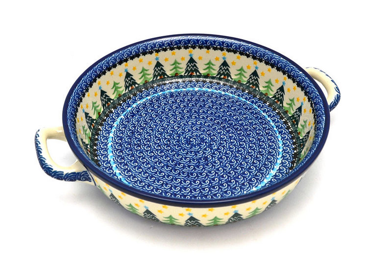 2 1/2"H x 10"W x 12"L (at handles)
 Polish Pottery Baker - Round with Handles - 10" - Christmas Trees 420-1284a (2 1/2"H x 10"W x 12"L (at handles)
)