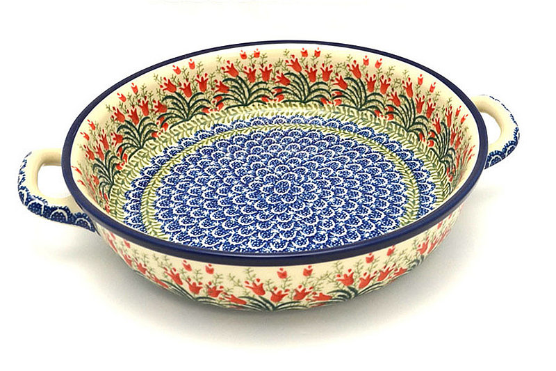 2 1/2"H x 10"W x 12"L (at handles)
 Polish Pottery Baker - Round with Handles - 10" - Crimson Bells 420-1437a (2 1/2"H x 10"W x 12"L (at handles)
)
