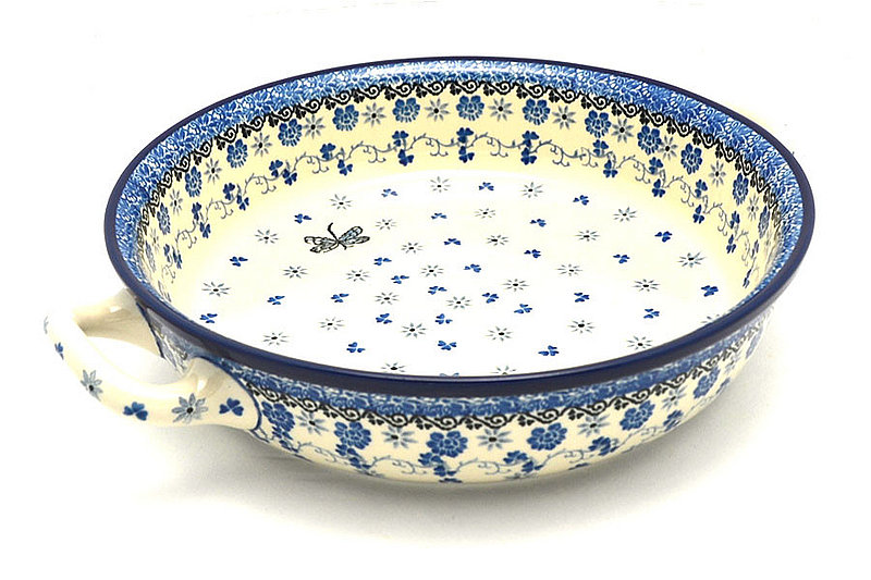 2 1/2"H x 10"W x 12"L (at handles)
 Polish Pottery Baker - Round with Handles - 10" - Dragonfly 420-2009a (2 1/2"H x 10"W x 12"L (at handles)
)