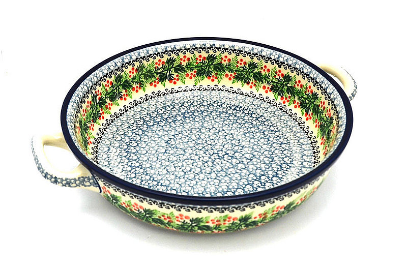 2 1/2"H x 10"W x 12"L (at handles)
 Polish Pottery Baker - Round with Handles - 10" - Holly Berry 420-1734a (2 1/2"H x 10"W x 12"L (at handles)
)