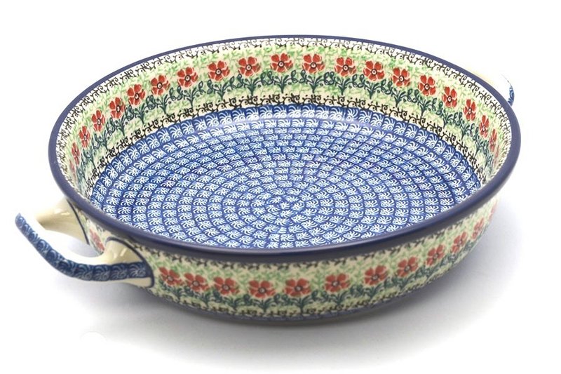 2 1/2"H x 10"W x 12"L (at handles)
 Polish Pottery Baker - Round with Handles - 10" - Maraschino 420-1916a (2 1/2"H x 10"W x 12"L (at handles)
)