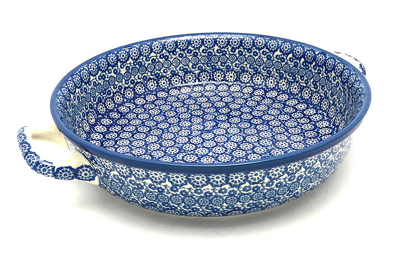 2 1/2"H x 10"W x 12"L (at handles)
 Polish Pottery Baker - Round with Handles - 10" - Midnight 420-2615a (2 1/2"H x 10"W x 12"L (at handles)
)
