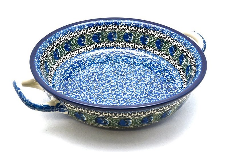 2 1/2"H x 10"W x 12"L (at handles)
 Polish Pottery Baker - Round with Handles - 10" - Peacock Feather 420-1513a (2 1/2"H x 10"W x 12"L (at handles)
)