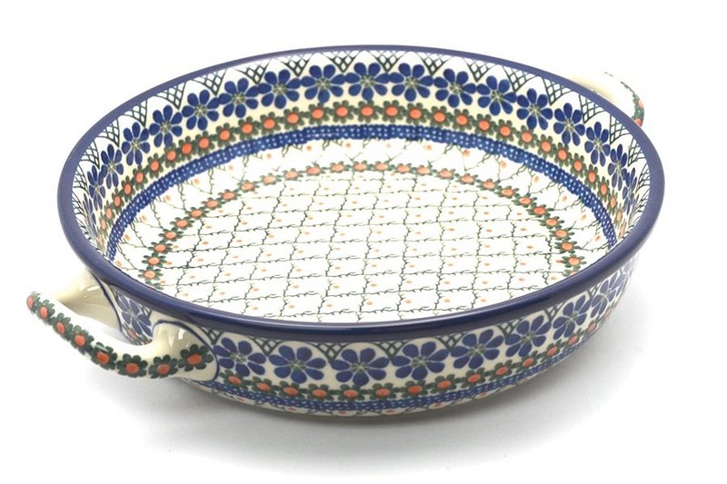 2 1/2"H x 10"W x 12"L (at handles)
 Polish Pottery Baker - Round with Handles - 10" - Primrose 420-854a (2 1/2"H x 10"W x 12"L (at handles)
)