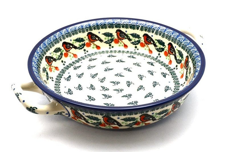 2 1/2"H x 10"W x 12"L (at handles)
 Polish Pottery Baker - Round with Handles - 10" - Red Robin 420-1257a (2 1/2"H x 10"W x 12"L (at handles)
)