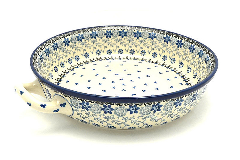 2 1/2"H x 10"W x 12"L (at handles)
 Polish Pottery Baker - Round with Handles - 10" - Silver Lace 420-2158a (2 1/2"H x 10"W x 12"L (at handles)
)