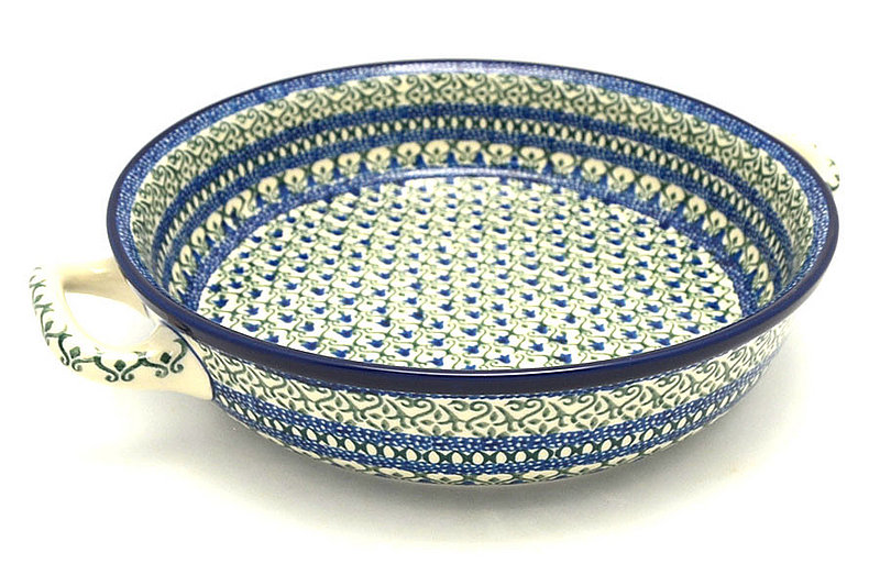 2 1/2"H x 10"W x 12"L (at handles)
 Polish Pottery Baker - Round with Handles - 10" - Tulip Trellis 420-0585a (2 1/2"H x 10"W x 12"L (at handles)
)