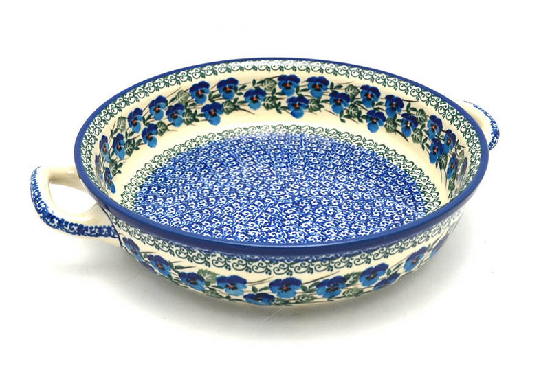2 1/2"H x 10"W x 12"L (at handles)
 Polish Pottery Baker - Round with Handles - 10" - Winter Viola 420-2273a (2 1/2"H x 10"W x 12"L (at handles)
)