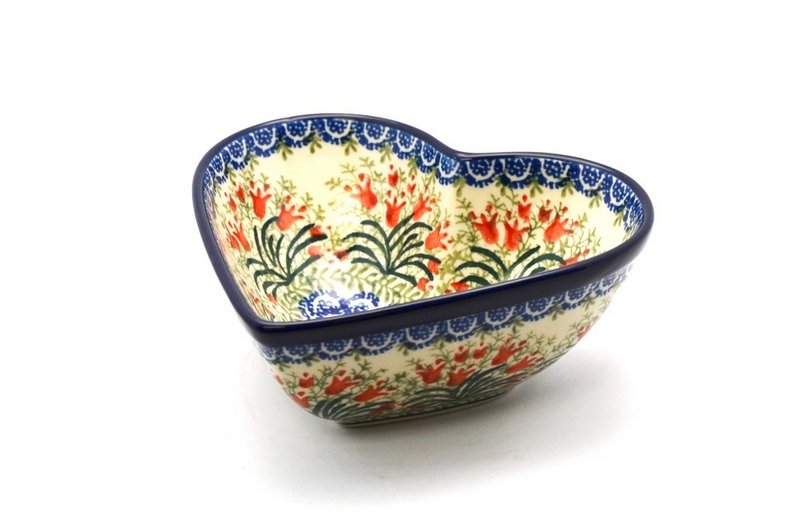 2 1/2"H x 6"W x 6 3/4"L
 Polish Pottery Bowl - Deep Heart - Crimson Bells B37-1437a (2 1/2"H x 6"W x 6 3/4"L
)