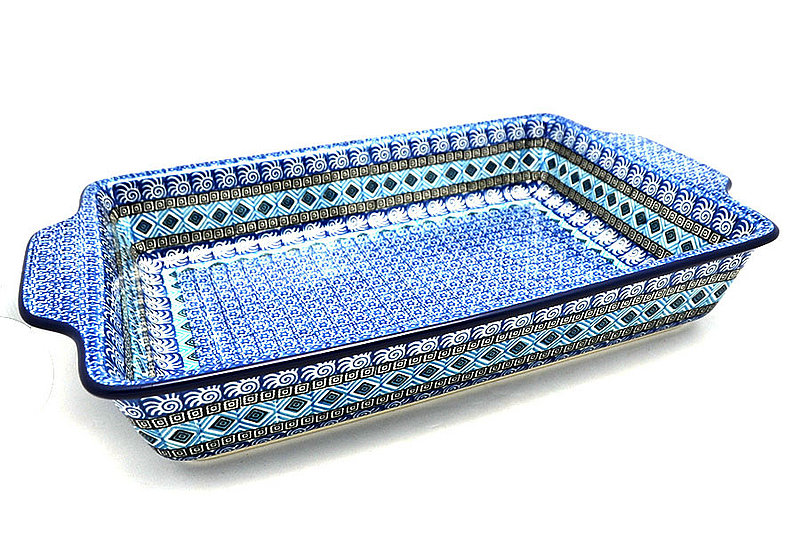 2 1/2"H x 9 1/4"W x 15 1/2"L
 Polish Pottery Baker - Rectangular with Tab Handles - 12 cups - Aztec Sky A56-1917a (2 1/2"H x 9 1/4"W x 15 1/2"L
)