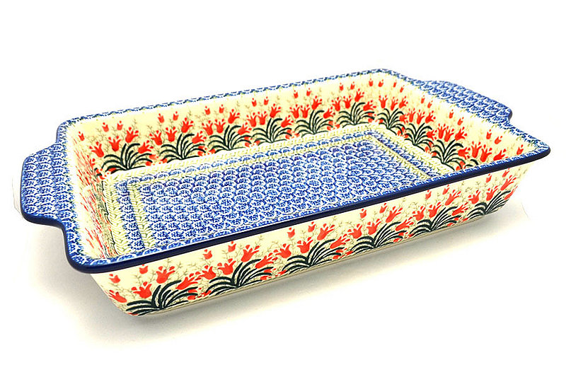 2 1/2"H x 9 1/4"W x 15 1/2"L
 Polish Pottery Baker - Rectangular with Tab Handles - 12 cups - Crimson Bells A56-1437a (2 1/2"H x 9 1/4"W x 15 1/2"L
)