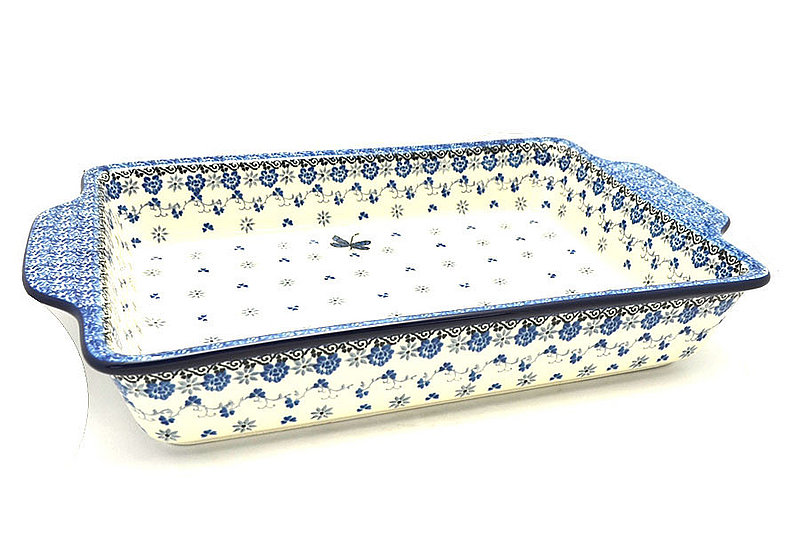 2 1/2"H x 9 1/4"W x 15 1/2"L
 Polish Pottery Baker - Rectangular with Tab Handles - 12 cups - Dragonfly A56-2009a (2 1/2"H x 9 1/4"W x 15 1/2"L
)