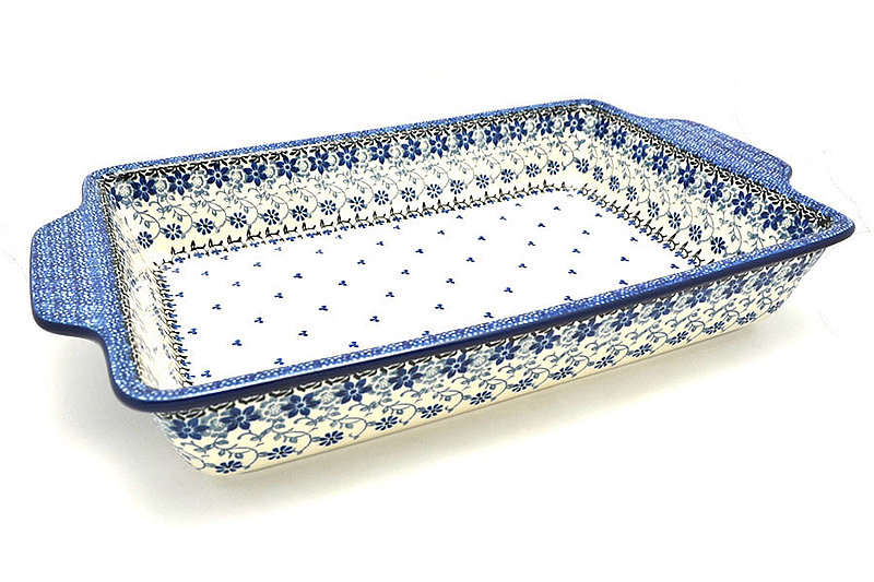 2 1/2"H x 9 1/4"W x 15 1/2"L
 Polish Pottery Baker - Rectangular with Tab Handles - 12 cups - Silver Lace A56-2158a (2 1/2"H x 9 1/4"W x 15 1/2"L
)