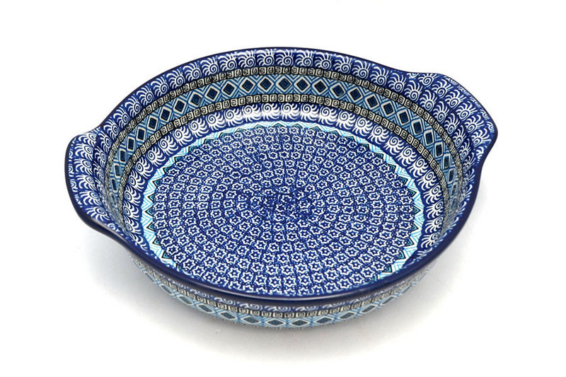 2 1/4"H x 10 1/4"W x 11 1/4"L (at handles)
 Polish Pottery Baker - Round with Grips - Large - Aztec Sky 417-1917a (2 1/4"H x 10 1/4"W x 11 1/4"L (at handles)
)