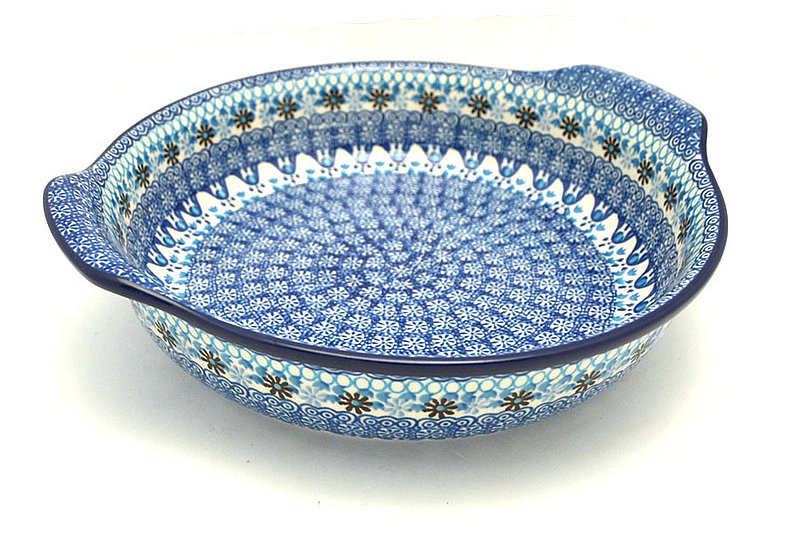2 1/4"H x 10 1/4"W x 11 1/4"L (at handles)
 Polish Pottery Baker - Round with Grips - Large - Blue Yonder 417-2187a (2 1/4"H x 10 1/4"W x 11 1/4"L (at handles)
)